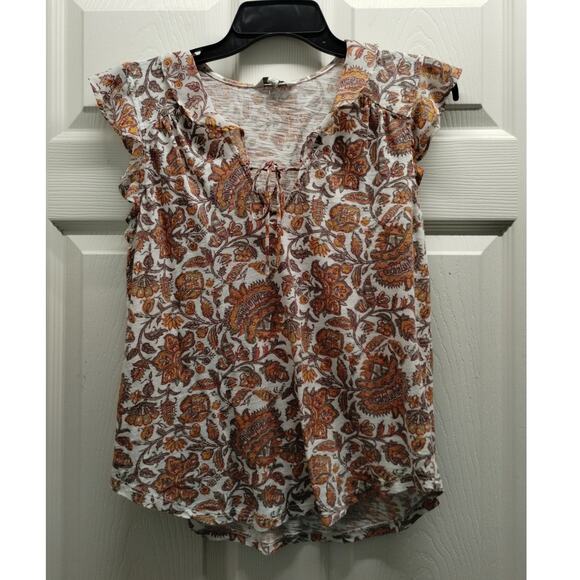 Lucky Brand Size Small Top Paisley Flutter Cap Sleeve Mixed Media Split Tie Neck - Picture 1 of 8